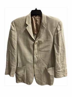 Men's Beige Houndstooth Sport Coat Blazer - Classic Made in Italy Wool and Linen